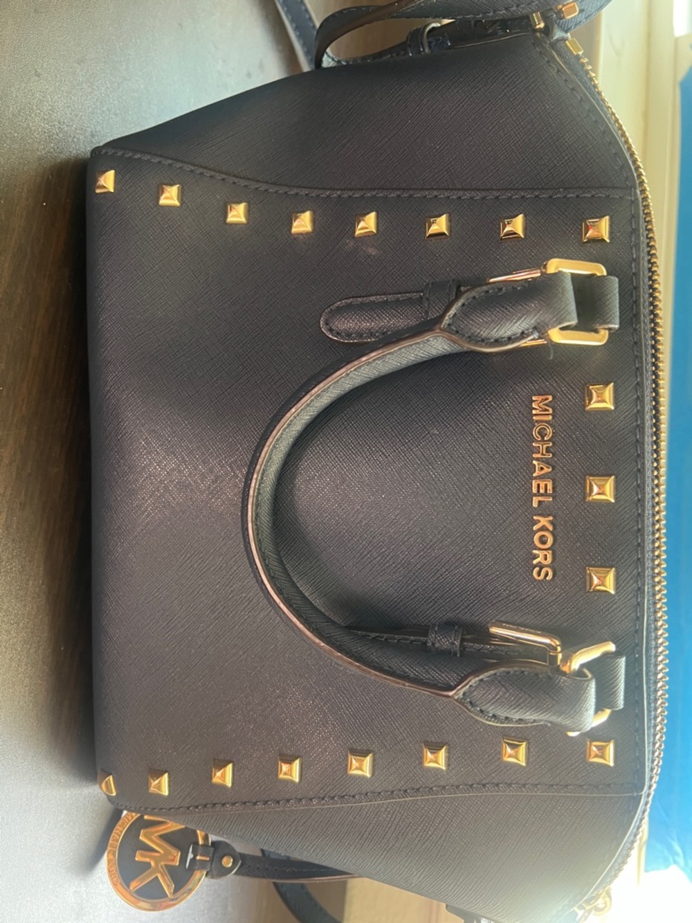 Michael Kors Black Leather Studded Satchel with Gold Hardware - Picture 4 of 4